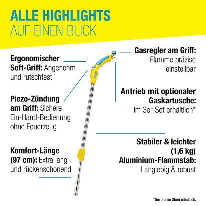 Gloria Unkrautvernichter Thermoflamm Comfort - Flammtemperatur: 1.000 °C, Piezo-Zündung - Gelb-blauer Gas-Flammstab mit ergonomischem Soft-Griff und Piezo-Zündung. Verfügt über einen 97 cm langen, leichten (1,6 kg) Aluminiumschaft.