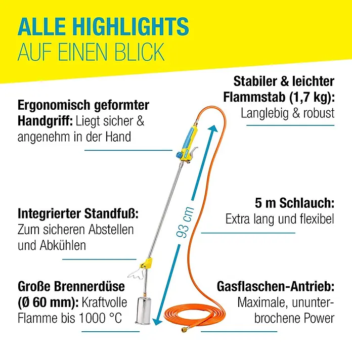 Gloria Unkrautvernichter Thermoflamm Professional - Flammtemperatur: 1.000 °C - Ein gasbetriebener Flammstab mit gelb-blauem Griff, silbernem Brenner, orangefarbenem 5m Schlauch, integriertem Standfuß und 93cm langem Rohr.