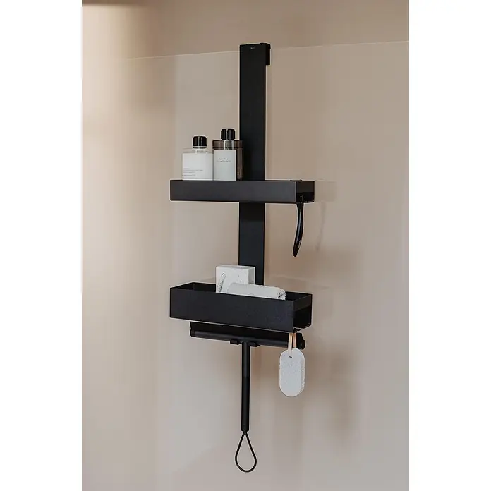 Zack Duschkorb Alos - L x B x H: 11,2 x 26 x 58 cm, Schwarz, 2 Ablageflächen - Mattschwarzer Duschorganizer mit zwei Ablagen, über einer Duschwand hängend. Bietet Platz für Duschutensilien und enthält einen Duschabzieher.