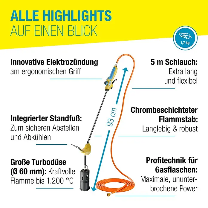 Gloria Unkrautvernichter Professional E+ Turbo - Flammtemperatur: 1.200 °C, Automatik - Ein gelb-blauer Gasbrenner (93 cm, 1,7 kg) mit 5m Schlauch, elektronischer Zündung, ergonomischem Griff, Standfuß und 60mm Turbodüse.