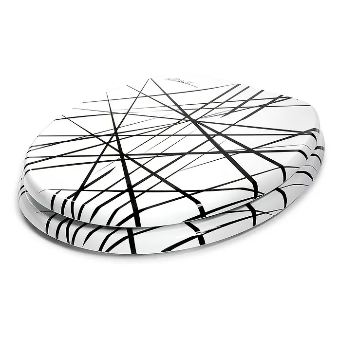 TohaaDesign WC-Sitz Arrow - L. Rubbrecht -  - Weißer Toilettensitz mit abstraktem schwarzem Linienmuster.