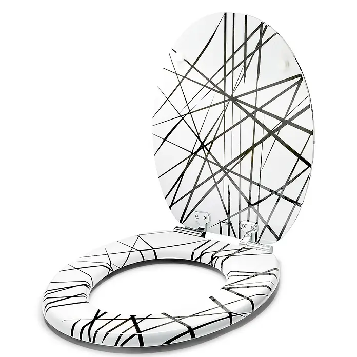 TohaaDesign WC-Sitz Arrow - L. Rubbrecht -  - Weißer Toilettensitz mit Deckel und abstraktem schwarzem Linienmuster.