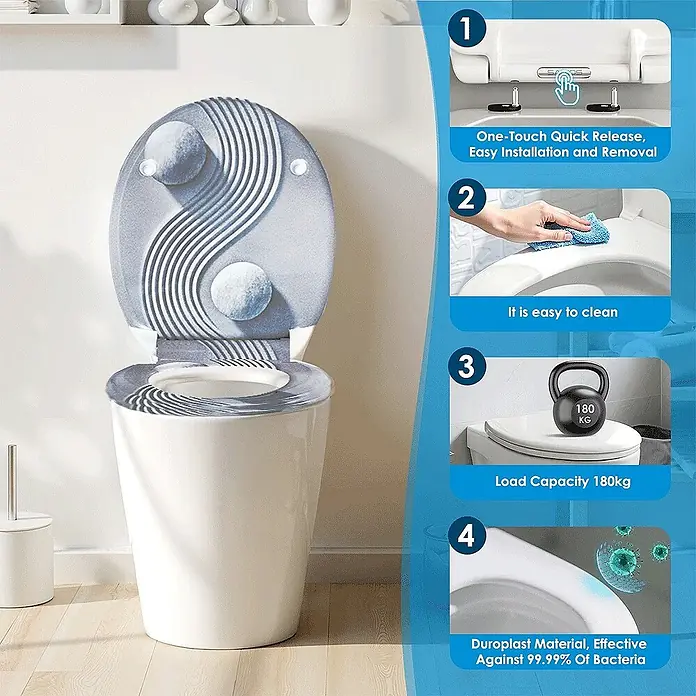 SAINOS WC-Sitz Duroplast WC-Sitz, , Universal-O-Form, Absenkautomatik, Oben - Duroplast, Blau, Mit Absenkautomatik - Ein grauer Duroplast-Toilettensitz mit modernem Yin-Yang-Muster, auf einer weißen Toilette installiert. Er ist leicht zu montieren, zu reinigen und antibakteriell.