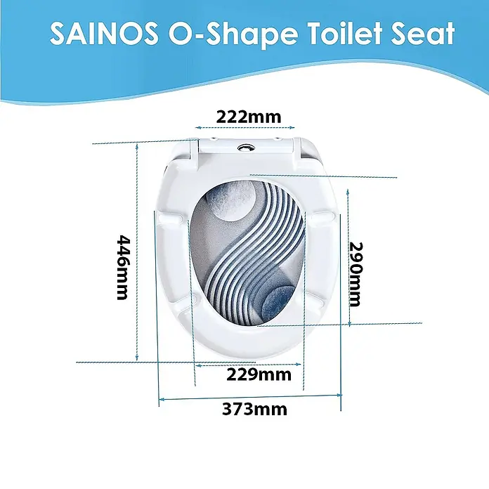 SAINOS WC-Sitz Duroplast WC-Sitz, , Universal-O-Form, Absenkautomatik, Oben - Duroplast, Blau, Mit Absenkautomatik - Weißer SAINOS O-Form Toilettensitz mit Maßen: außen 446x373mm, innen 290x229mm, Scharnier 222mm.