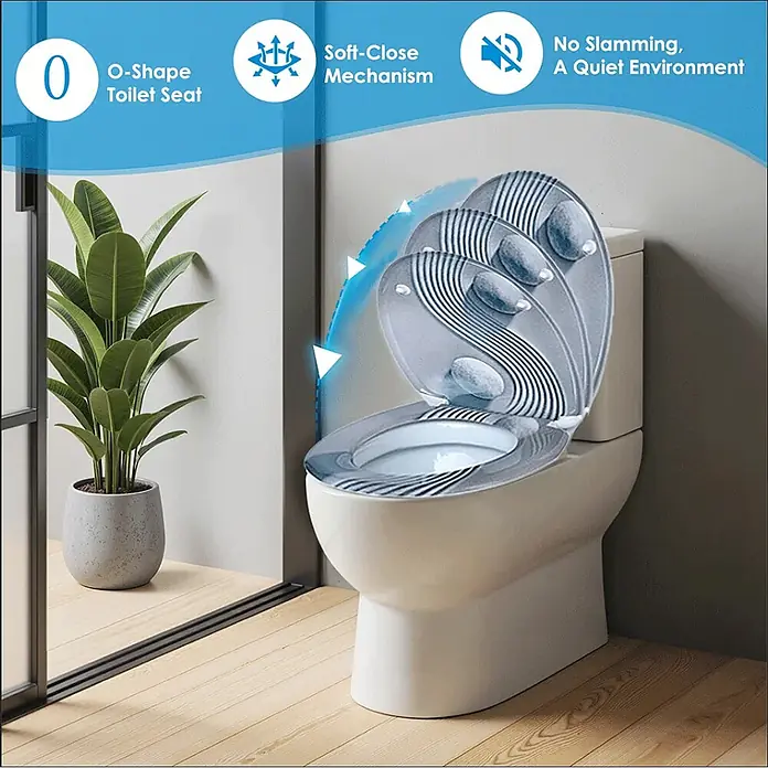 SAINOS WC-Sitz Duroplast WC-Sitz, , Universal-O-Form, Absenkautomatik, Oben - Duroplast, Blau, Mit Absenkautomatik - Weißes O-förmiges WC mit gemustertem grauem Soft-Close-Sitz, der sich langsam senkt.