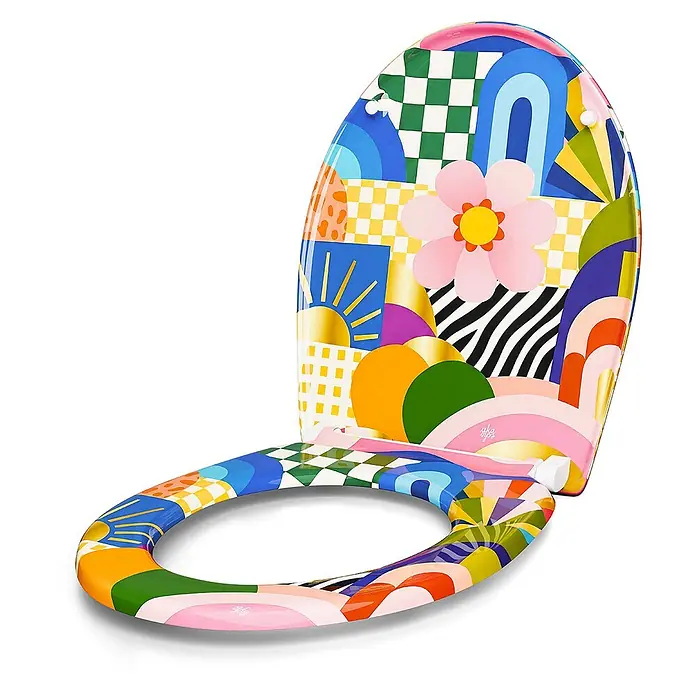 Wodea WC-Sitz   -  FlowerPower -  - Bunter, abstrakt gemusterter Toilettensitz aus Kunststoff, Deckel hochgeklappt, Brille unten.