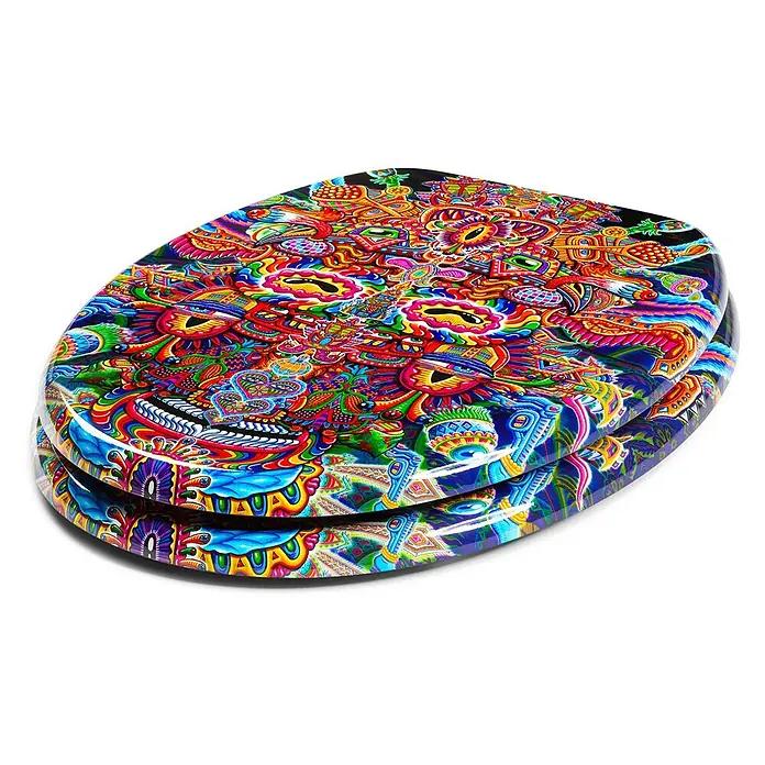 Tohaa Design WC-Sitz Bullish - Chris Dyer -  - Glänzender Toilettensitz und -deckel mit einem lebhaften, komplexen psychedelischen Muster in leuchtenden Farben, mit stilisierten Augen und abstrakten Formen.