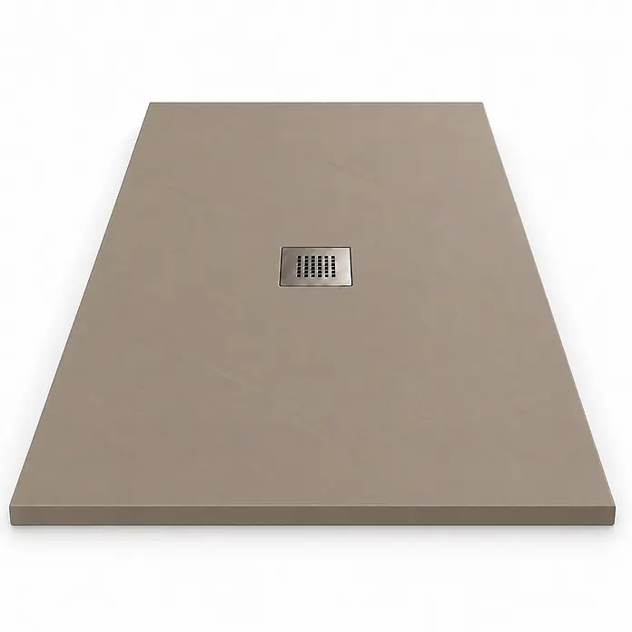 FRASCIO New Tecnology Duschwanne Vulcano Line - L x B: 225 x 70 cm, Verbundwerkstoff, Graubeige RAL 1019 - Hellbraune rechteckige Duschwanne mit zentralem quadratischem Metallablauf.
