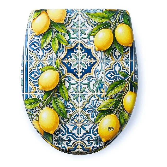 Wodea WC-Sitz   -  Citrons -  - Toilettensitz mit lebhaftem Zitronen- und mediterranem Kacheldesign in Blau, Gelb und Grün.