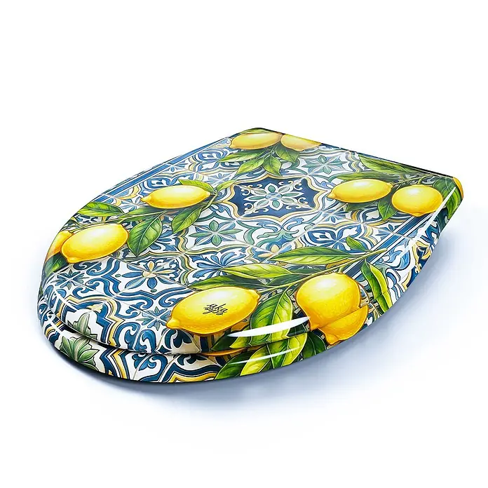 Wodea WC-Sitz   -  Citrons -  - Toilettensitz mit leuchtendem Zitronen- und blauem Mittelmeerfliesenmuster.