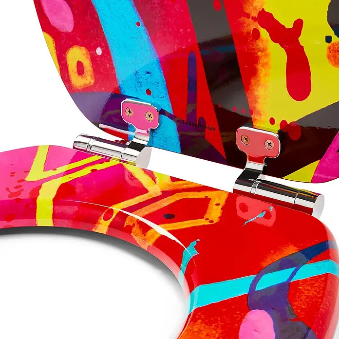 Tohaa Design WC-Sitz StreetSun - Blazer -  - Glänzender Toilettensitz und Deckel mit lebhaftem, abstraktem Graffiti-Design in Rot, Pink, Gelb und Blau, mit Chromscharnieren.