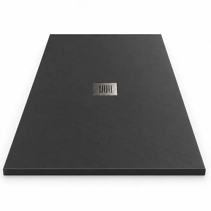 FRASCIO New Tecnology Duschwanne Vulcano Line - L x B: 220 x 90 cm, Verbundwerkstoff, Schwarz - Dunkelgraue, rechteckige Duschwanne mit zentralem Metallablauf.