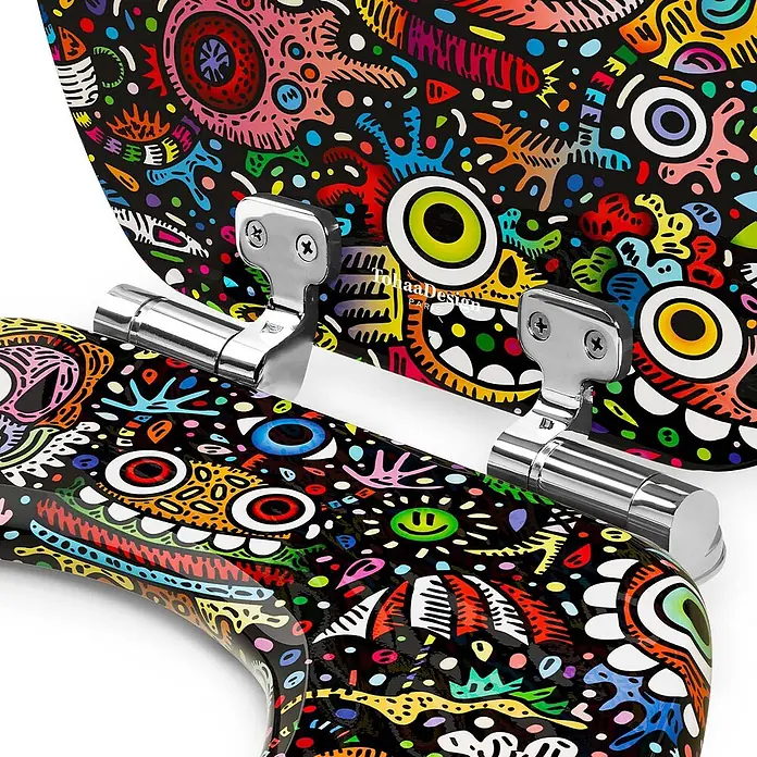 Tohaa Design WC-Sitz Maniac Brainstorm - Skwak -  - Bunt gemusterter Toilettensitz und Deckel mit Chromscharnieren, hochglänzend.