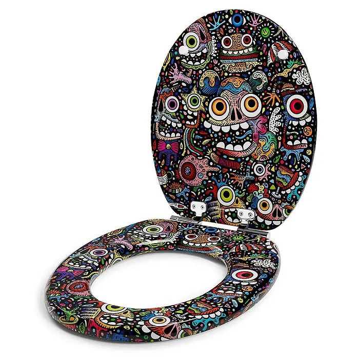 Tohaa Design WC-Sitz Maniac Brainstorm - Skwak -  - Offener Toilettensitz und -deckel mit lebhaftem, farbenfrohem Monster-Graffiti-Design auf schwarzem Grund.