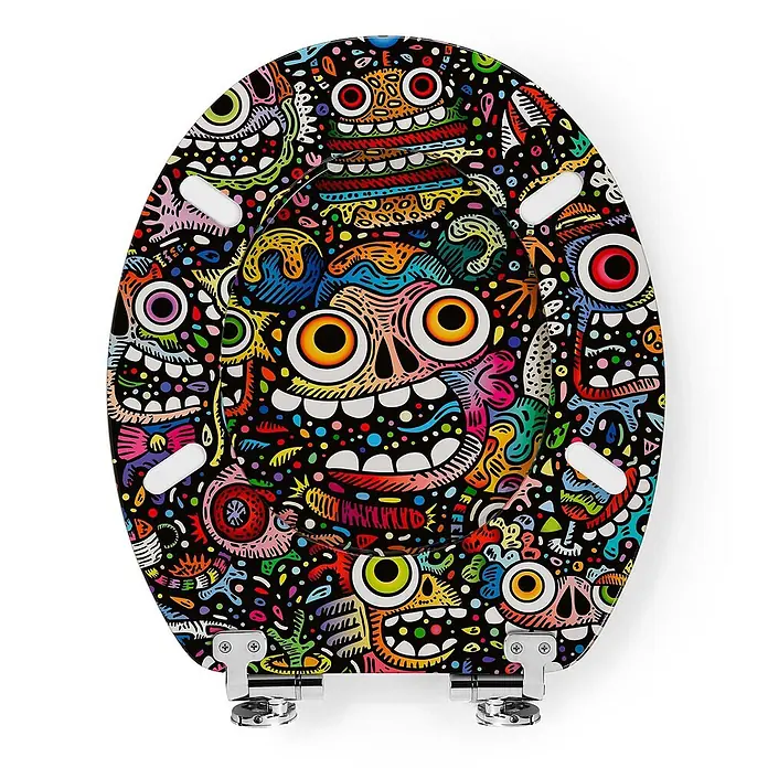 Tohaa Design WC-Sitz Maniac Brainstorm - Skwak -  - Bunte Toilettenbrille mit lebhaftem Monster-Doodle-Muster auf schwarzem Grund und Metallscharnieren.