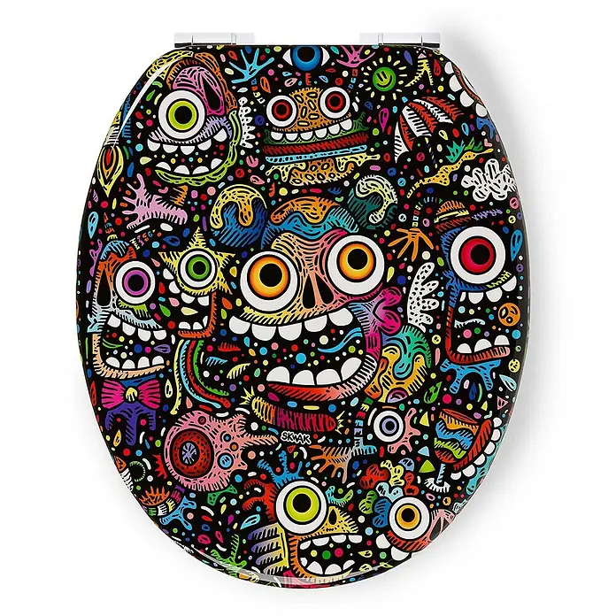 Tohaa Design WC-Sitz Maniac Brainstorm - Skwak -  - Toilettensitz mit lebendigem, monster-thematischem Doodle-Art-Design auf schwarzem Hintergrund.
