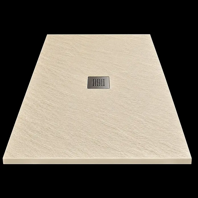 FRASCIO New Tecnology Duschwanne Vulcano Line - L x B: 205 x 85 cm, Verbundwerkstoff, Hellelfenbein RAL 1015 - Beige, texturierte, rechteckige Duschwanne mit dunklem zentralem Abfluss.