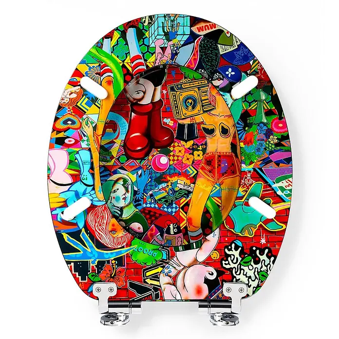 Tohaa Design WC-Sitz Vanity Fair - Guive Khosravi -  - WC-Sitz mit lebhaftem, mehrfarbigem Pop-Art- und Graffiti-Design, mit verschiedenen Figuren und Mustern. Mit Chromscharnieren befestigt.
