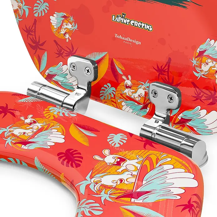 Tohaa Design WC-Sitz Lapins Crétins - Lapins Crétins -  - Glänzender roter Toilettensitz mit 'Les Lapins Crétins' (Rabbids) Surfer-Motiv, tropischen Blättern und Chromscharnieren.