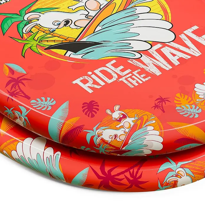 Tohaa Design WC-Sitz Lapins Crétins - Lapins Crétins -  - Rote Teller mit surfenden Rabbids-Cartoons, tropischen Pflanzen und dem Text "RIDE THE WAVE".