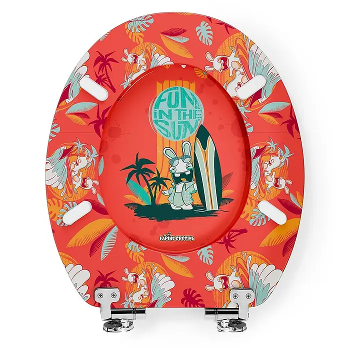 Tohaa Design WC-Sitz Lapins Crétins - Lapins Crétins -  - Roter Toilettensitz mit „Fun in the Sun“ tropischem Rabbids-Design und Chromscharnieren.