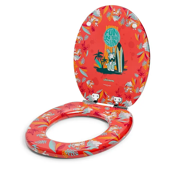 Tohaa Design WC-Sitz Lapins Crétins - Lapins Crétins -  - Roter Toilettensitz mit tropischem 'Raving Rabbids Fun in the Sun'-Muster, mit Rabbids und Palmen.