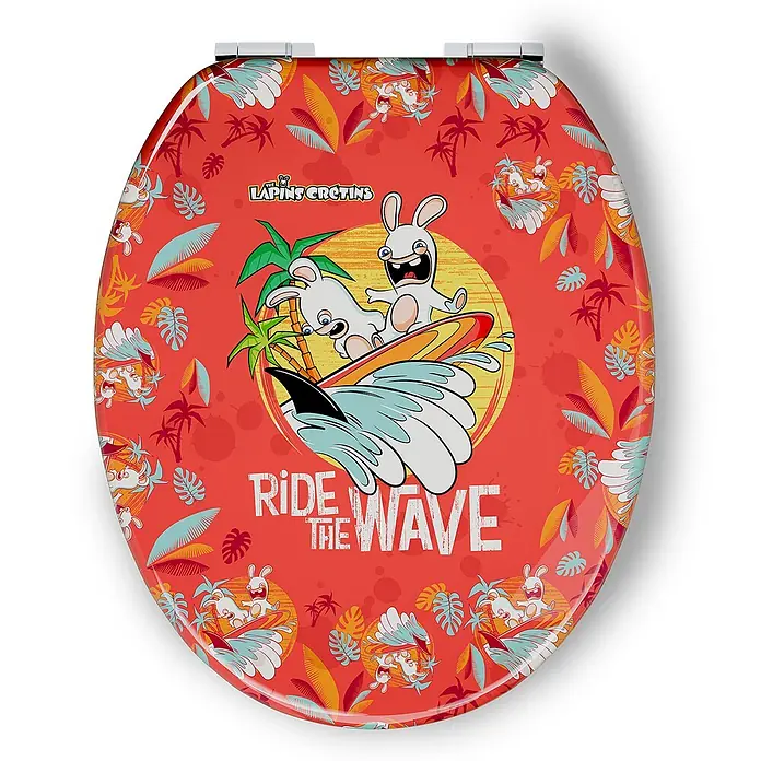 Tohaa Design WC-Sitz Lapins Crétins - Lapins Crétins -  - Roter Toilettensitz mit glänzender Oberfläche, verziert mit einem "Rabbids: Ride the Wave" Cartoon-Design und tropischen Blättern.