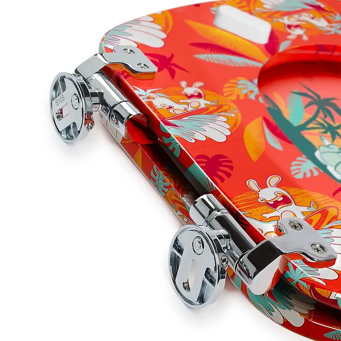 Tohaa Design WC-Sitz Lapins Crétins - Lapins Crétins -  - Roter Toilettensitz mit Rabbids- und Tropenmuster, mit glänzenden Chromscharnieren.