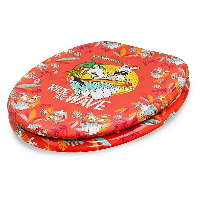 Tohaa Design WC-Sitz Lapins Crétins - Lapins Crétins -  - Roter Toilettensitz mit Rabbids Surfer-Motiv und tropischem Blättermuster.