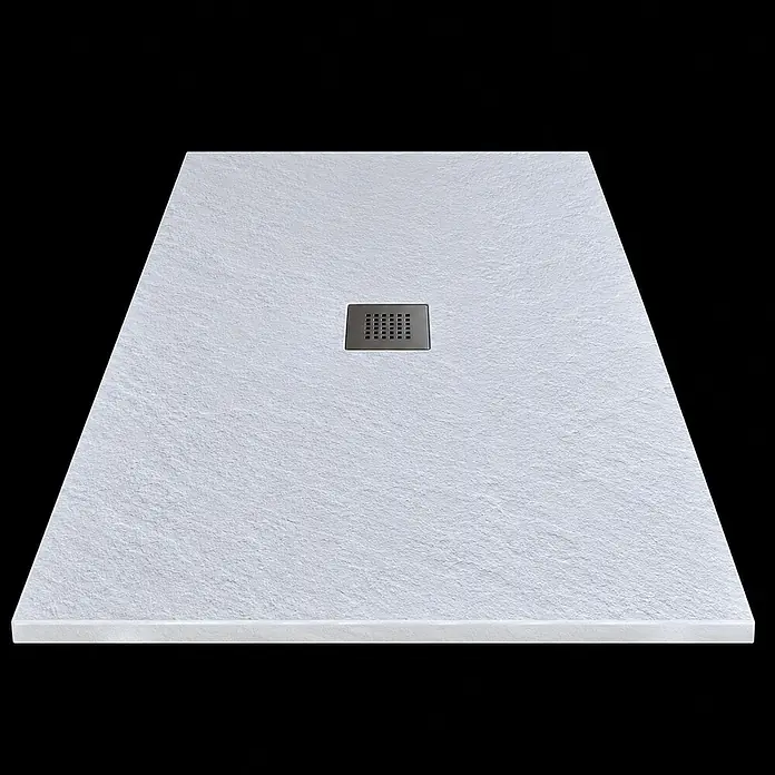 FRASCIO New Tecnology Duschwanne Vulcano Line - L x B: 230 x 70 cm, Verbundwerkstoff, Weiß - Weiße texturierte Duschwanne mit quadratischem, dunklem Ablaufrost.