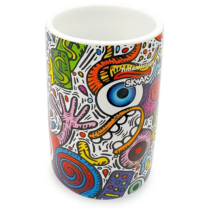 Tohaa Design Zahnputzbecher Crazy Maniac - Skwak -  - Weißer Keramikbehälter mit lebendiger, farbenfroher Graffiti-Doodle-Kunst, mit Auge, Zähnen, Geldsymbolen und abstrakten Formen.