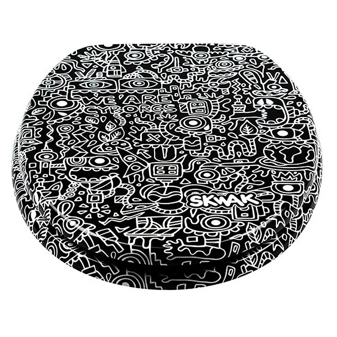 TohaaDesign WC-Sitz Cyborg - Skwak -  - Schwarz-weißer Toilettensitz im Graffiti-Doodle-Stil mit verschlungenen Mustern und Text.
