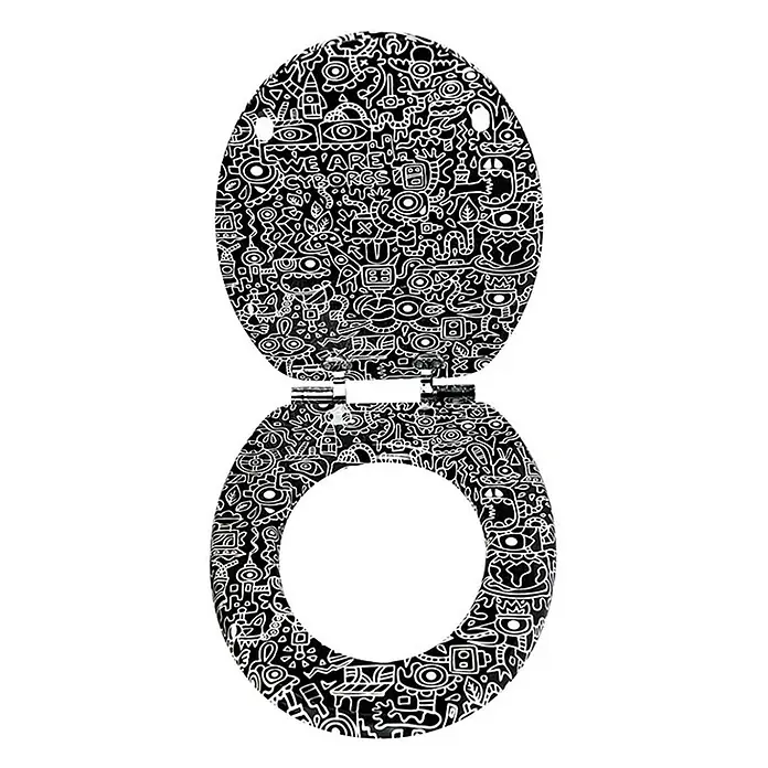 TohaaDesign WC-Sitz Cyborg - Skwak -  - Schwarz-weißer Toilettensitz mit Kritzelmuster und geöffnetem Deckel.