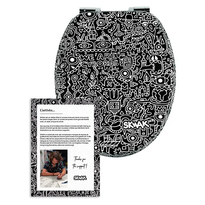 TohaaDesign WC-Sitz Cyborg - Skwak -  - Toilettensitz mit auffälligem schwarz-weißem Doodle-Art-Design, mit detaillierten Linien und cartoonartigen Figuren.