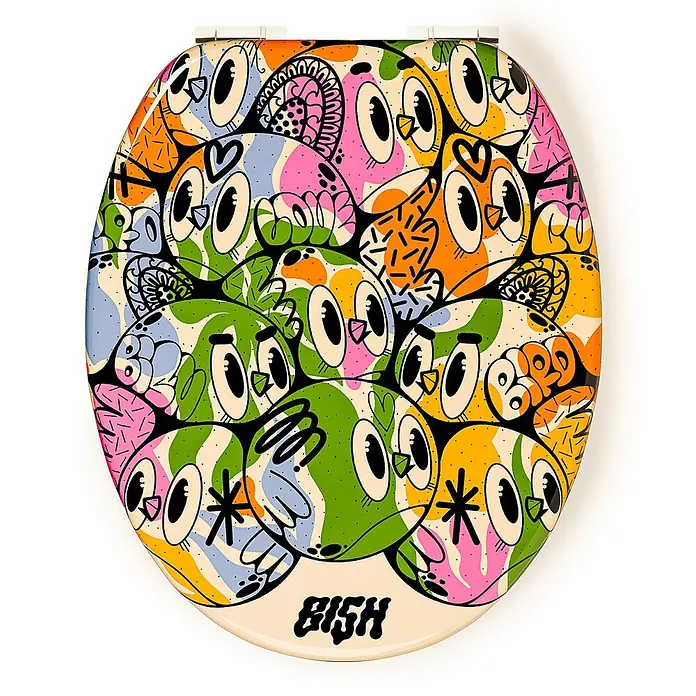 Tohaa Design WC-Sitz Color Bomb - Bishop Parigo -  - Bunter Toilettensitz mit lebhaftem Cartoon-Design aus überlappenden Eulen und dem Wort „BISH“ am unteren Rand.