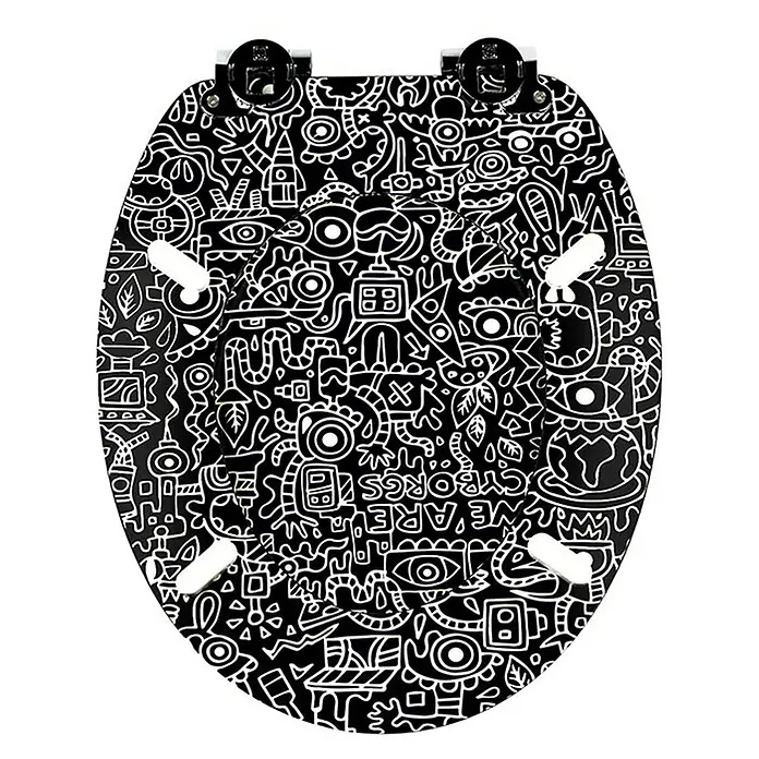 TohaaDesign WC-Sitz Cyborg - Skwak -  - Schwarzer Toilettensitzbezug mit weißer Doodle-Kunst und dem Text 'WE ARE CYBORGS'.