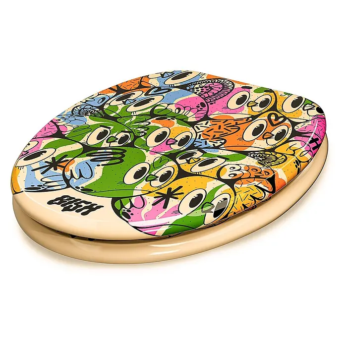Tohaa Design WC-Sitz Color Bomb - Bishop Parigo -  - Bunter Toilettensitz mit lebhaftem Grafikmuster aus Cartoon-Vögeln und Kreaturen auf beigem Unterteil.