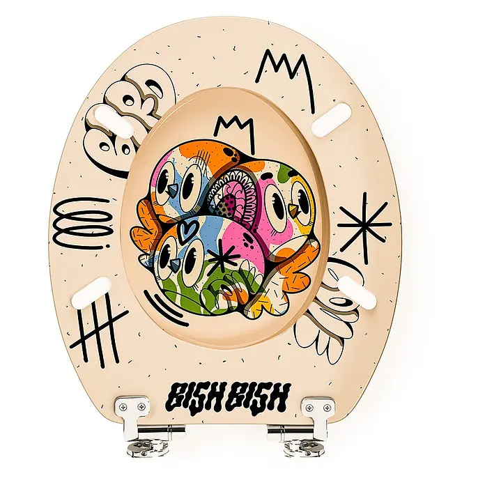 Tohaa Design WC-Sitz Color Bomb - Bishop Parigo -  - Cremefarbener Toilettensitz mit buntem Eulen- und Graffiti-Design.