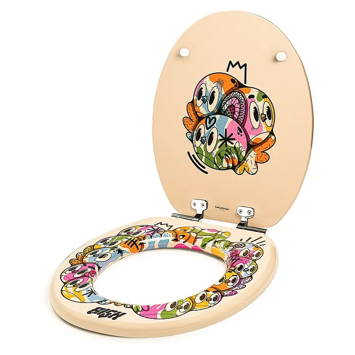 Tohaa Design WC-Sitz Color Bomb - Bishop Parigo -  - Cremefarbener Toilettensitz mit lebhaftem Graffiti-Eulen-Design auf Deckel und Sitz. Aus MDF gefertigt.
