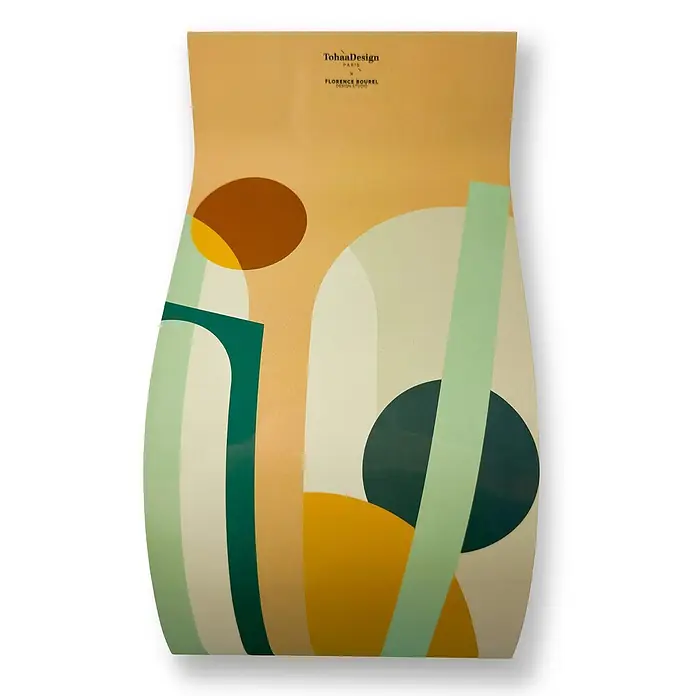 Tohaa Design Toilettenpapierhalter Roma - Florence Bourel -  - Gekrümmtes Dekorationspanel mit abstrakten geometrischen Formen in Grün, Orange, Gelb und Braun.