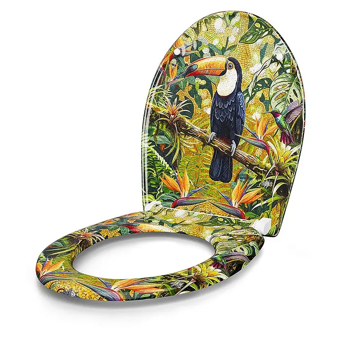 Wodea WC-Sitz   -  Toucan -  - Bunter Toilettensitz mit lebhaftem tropischem Mosaik-Design, das einen Tukan, Kolibris und Paradiesvogelblumen zeigt.