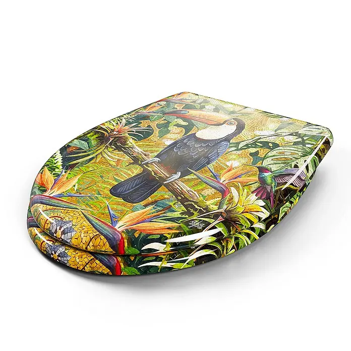 Wodea WC-Sitz   -  Toucan -  - Toilettensitzdeckel mit lebhaftem Mosaik-Dschungelmotiv, das einen Tukan, Kolibri und exotische Blumen zeigt.