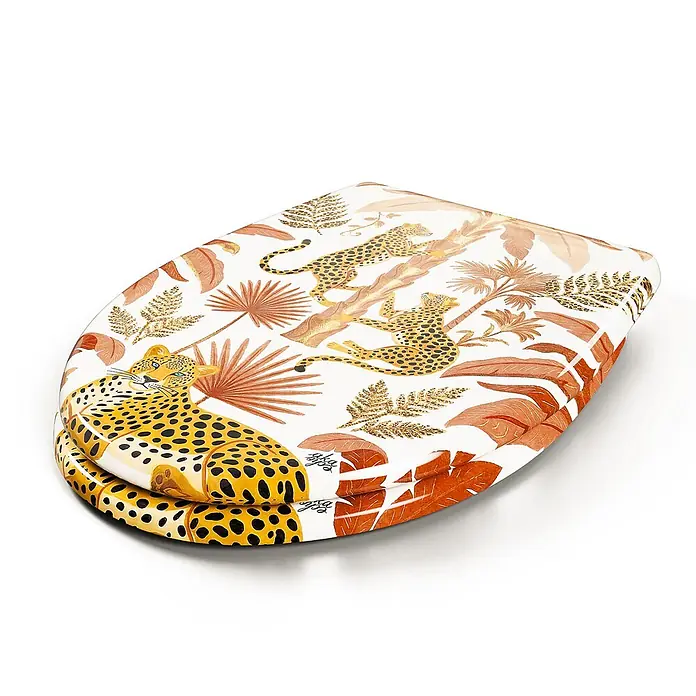 Wodea WC-Sitz   -  Léopard -  - Weißer Toilettensitz mit lebhaftem Dschungelmuster: Leoparden, Palmen und tropische Blätter in Orange, Gold und Schwarz.