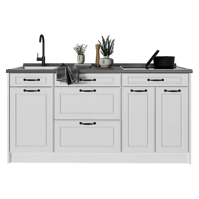 Vicco Küchenblock R-Line, Weiß Landhaus/Weiß 160 cm -  - Weiße Küchenzeile mit dunkelgrauer Arbeitsplatte, Spüle, schwarzem Wasserhahn, Kochfeld und Schränken mit schwarzen Griffen.