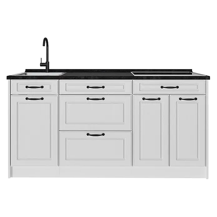 Vicco Küchenblock R-Line, Weiß Landhaus/Weiß 160 cm -  - Weiße Küchenzeile mit schwarzen Griffen, schwarzer Arbeitsplatte, integrierter Spüle mit schwarzem Wasserhahn und Kochfeld.