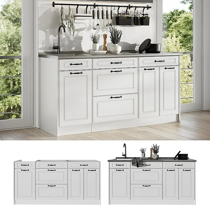 Vicco Küchenblock R-Line, Weiß Landhaus/Weiß 160 cm -  - Weiße Küchenunterschränke mit schwarzen Griffen, dunkler Arbeitsplatte, Spüle und Kochfeld in moderner Küche.