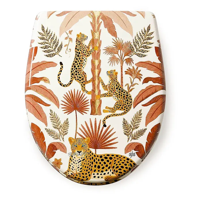 Wodea WC-Sitz   -  Léopard -  - Dekorativer Toilettensitz mit Dschungel-Print, Leoparden und tropischem Laub in Erdtönen.