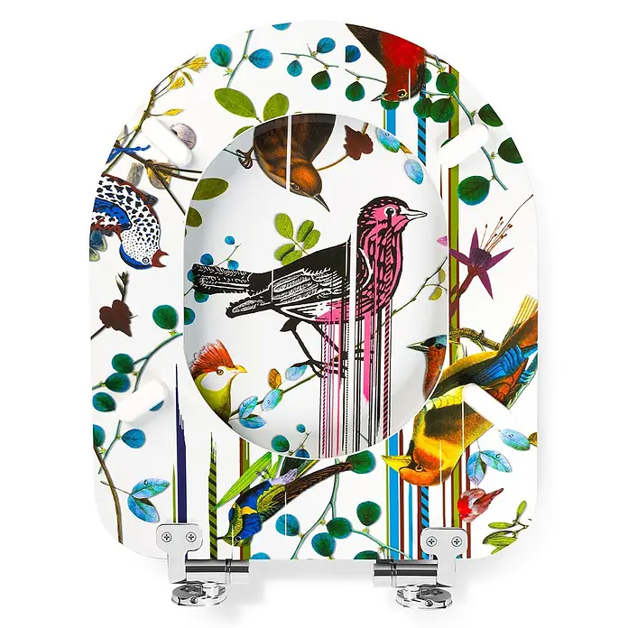 Tohaa Design WC-Sitz Birds Sinfonia Modern-D - Maison Christian Lacroix -  - Weißer Toilettensitz mit lebhaftem Vogel- und Blattmuster, ausgestattet mit Metallscharnieren.