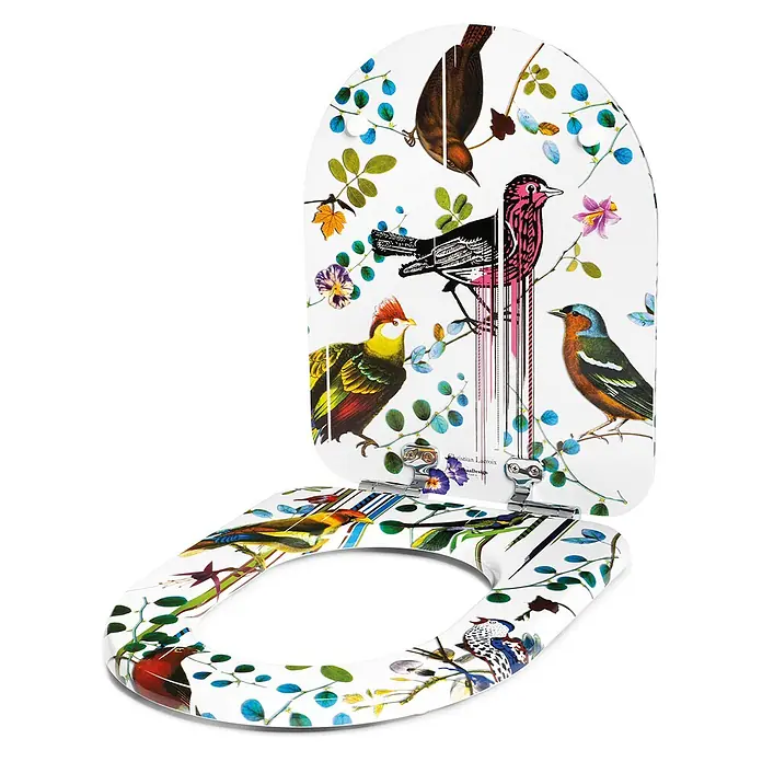 Tohaa Design WC-Sitz Birds Sinfonia Modern-D - Maison Christian Lacroix -  - Weißer Toilettensitz mit farbenfrohem Vogel- und Pflanzenmuster.
