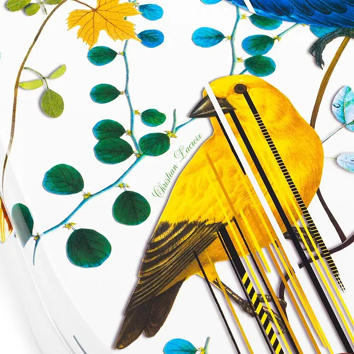 Tohaa Design WC-Sitz Birds Sinfonia Modern-D - Maison Christian Lacroix -  - Weißes Keramik mit lebhaftem botanischem Vogelprint; ein gelber Vogel zeigt abstrakte schwarze Streifen und grünes Laub.